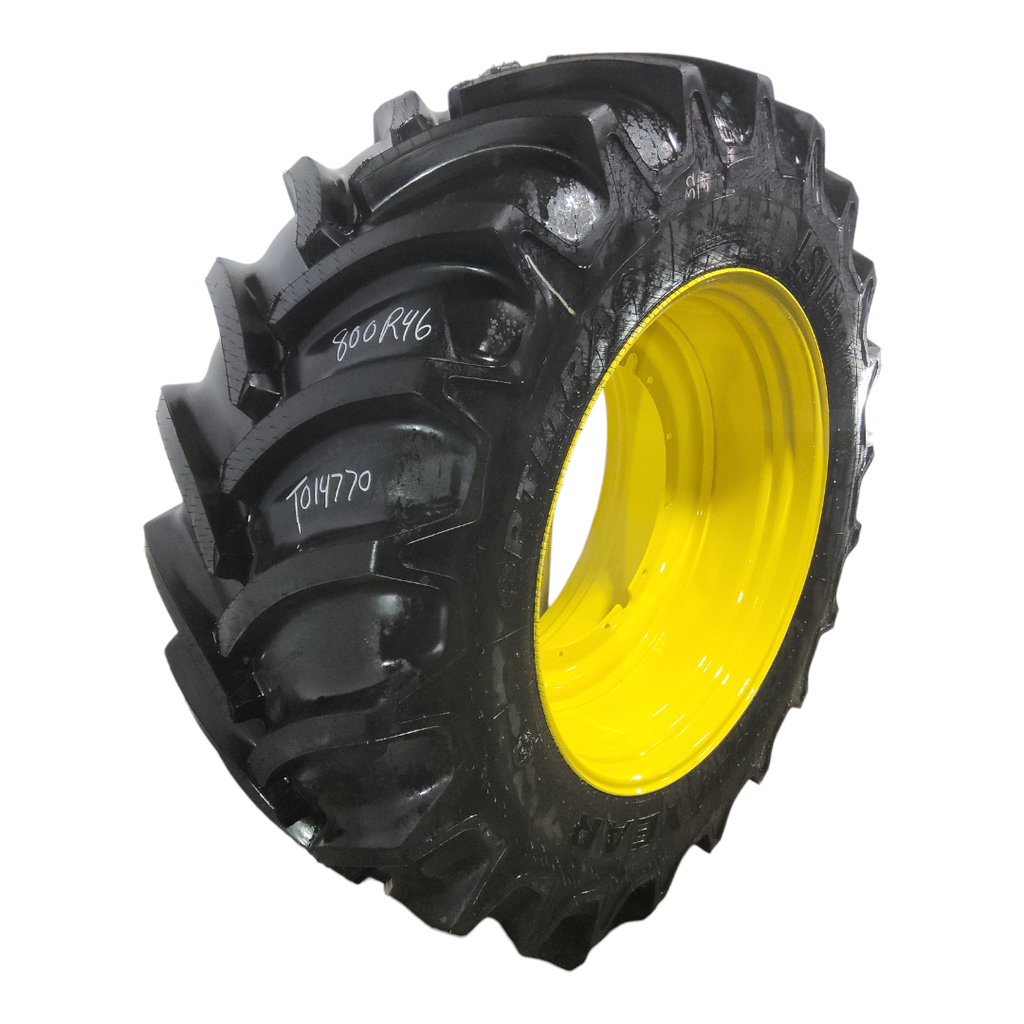 LSW 800/55R46 Goodyear Farm DT830 Optitrac R-1W on John Deere Yellow 12-Hole Stub Disc 99%