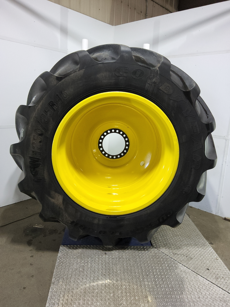 LSW 1250/35R46 Goodyear Farm Custom Flo Grip R-2 on John Deere Yellow 20-Hole Formed Plate 85%