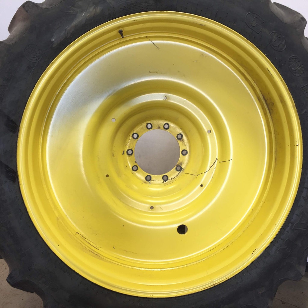 380/90R54 Goodyear Farm DT800 Super Traction R-1W on John Deere Yellow 10-Hole Formed Plate W/Weight Holes 75%