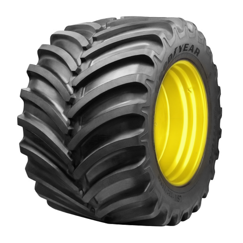 LSW 1250/35R46 Goodyear Farm DT830 Optitrac R-1W on John Deere Yellow 20-Hole Formed Plate