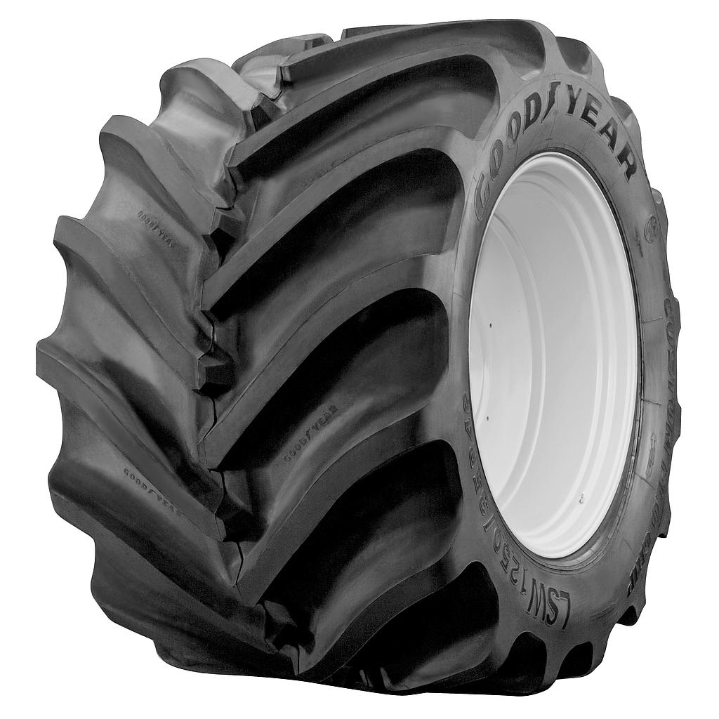 LSW 1250/35R46 Goodyear Farm Custom Flo Grip R-2 on John Deere Yellow 10-Hole Formed Plate